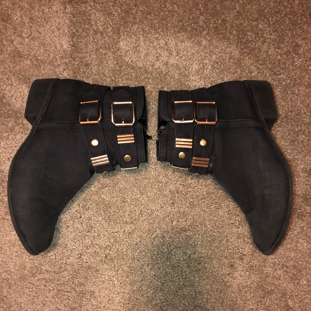 Black booties w gold buckles